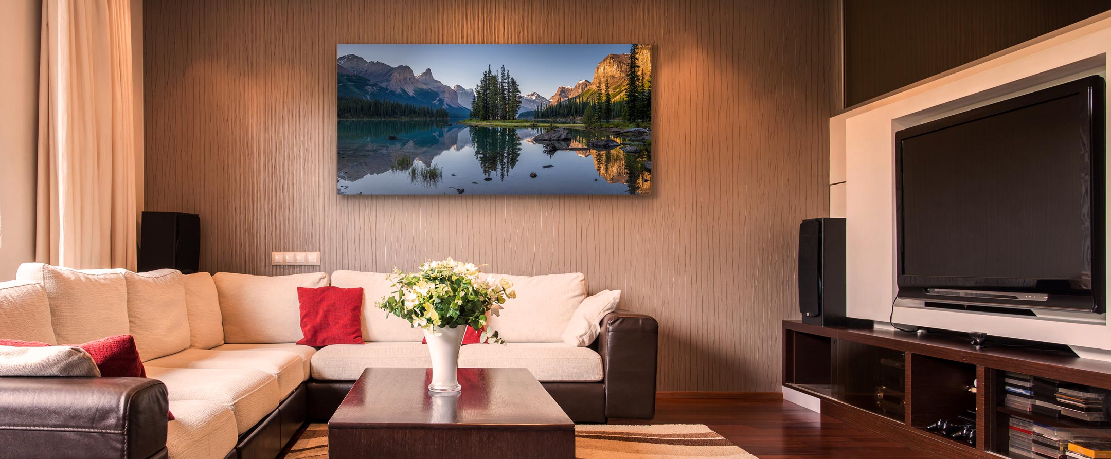 Example of a frameless ultra-high-resolution VAST photo print hanging in a living room.